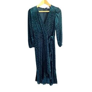 Calvin Klein Animal Print Burnout Velvet Wrap Dress green long sleeve Size 6